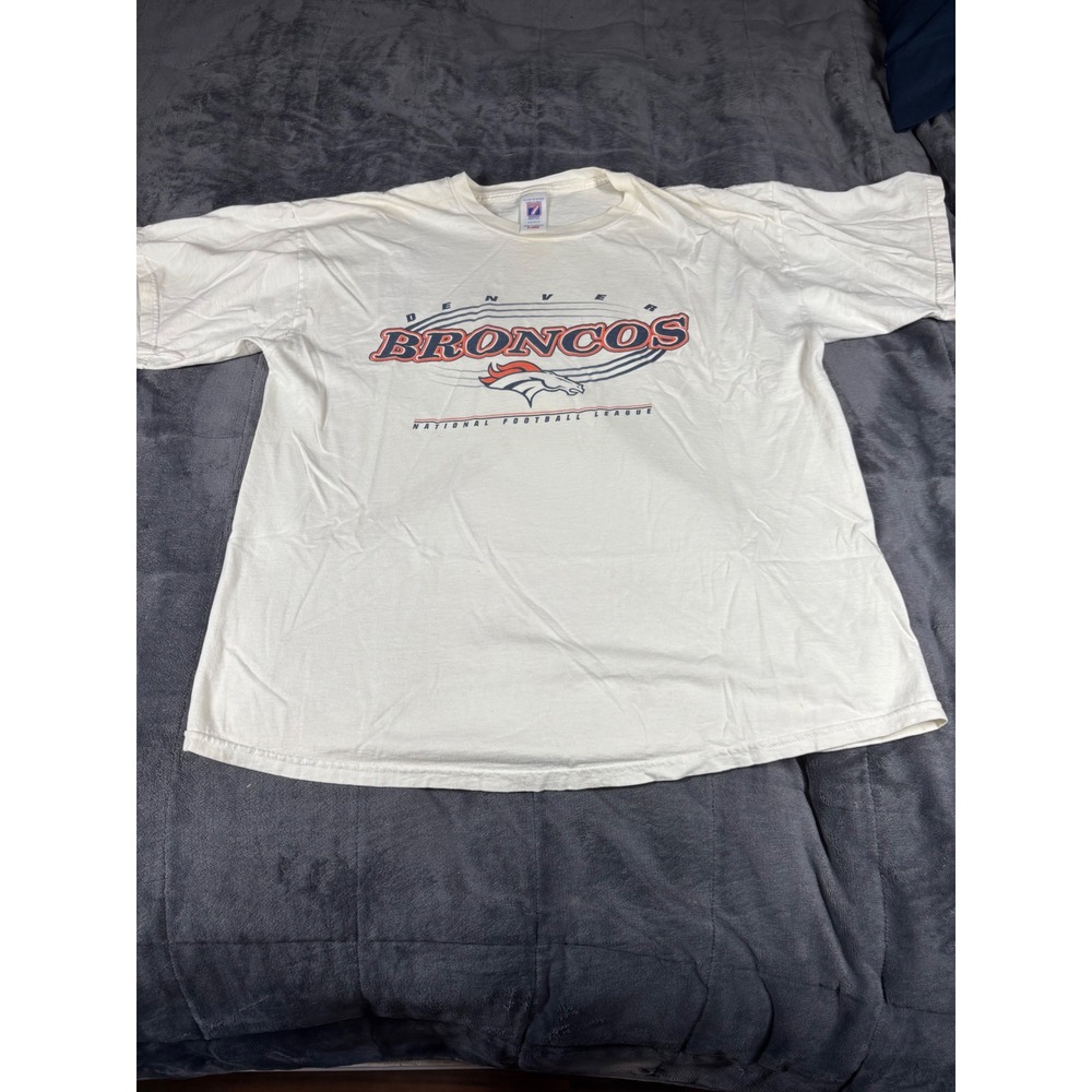 Vintage Logo 7 Denver Broncos NFL T-Shirt Mens XL White 90s Single Stitch Cotton